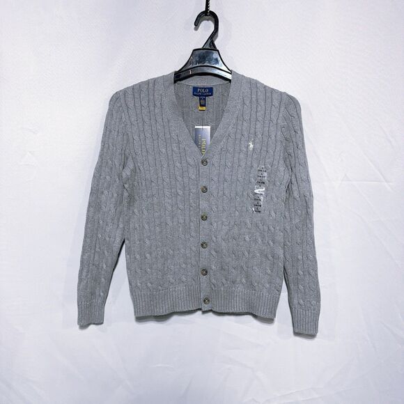 Ralph Lauren Big Boy Cable-Knit Cotton V-Neck Cardigan Sweater - Picture 1 of 13